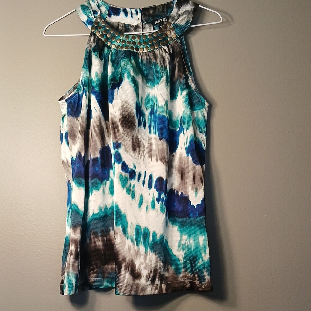 Apt. 9 Green, Blue Grey And White Sleeveless Embellished Neck Blouse